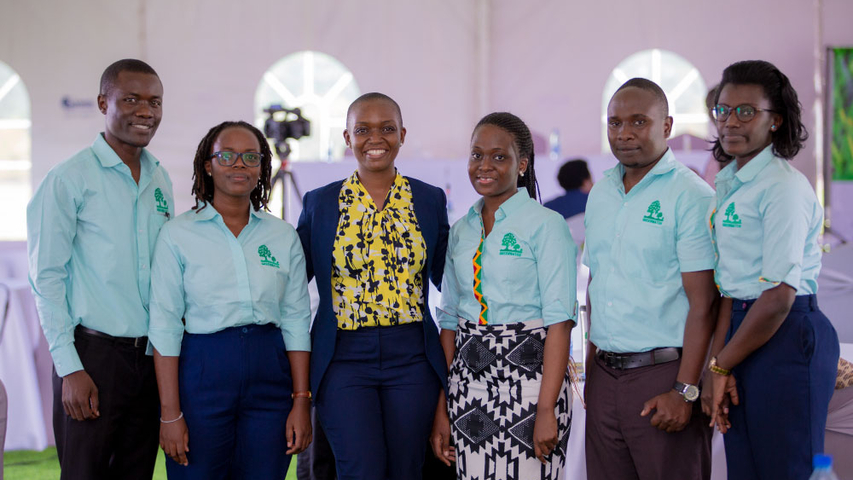 The Greenwatch team poses for a photo at the third judicial training on climate justice (L-R: Isaac Fred Nandala, Bridget Ampurira, Samantha Atukunda K. Mwesigwa, Princess Ayebare, Samuel Okurut and Daphine Nuwasiima).