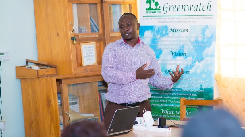 Mr. Samuel Okurut Samuel; Project officer-Greenwatch moderating the dialogue session with Rakai local government officials, Rakai district.
