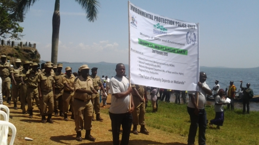 Environmental Police at parade during World Wetlands Day celebrations held on 2nd February 2015 at Lutembe Bay Ramsar Site In Wakiso District